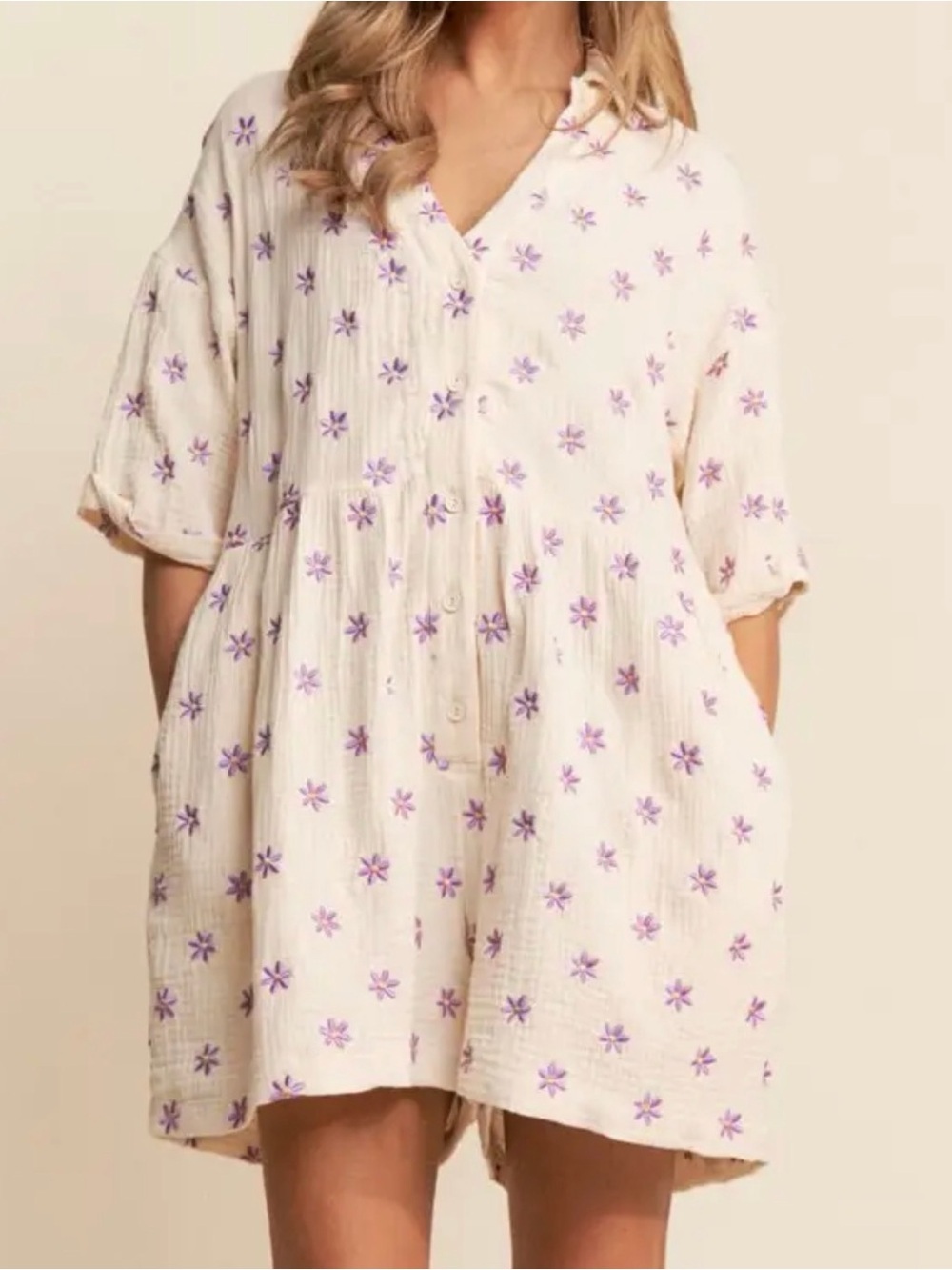 J.NNA Cream Tunic with Lavender Floral Embroidery Flower Fields Gauze Romper